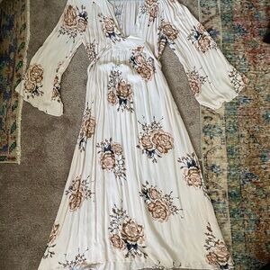 White Long Sleeve Sundress with Plunge Neckline for Wedding Guest